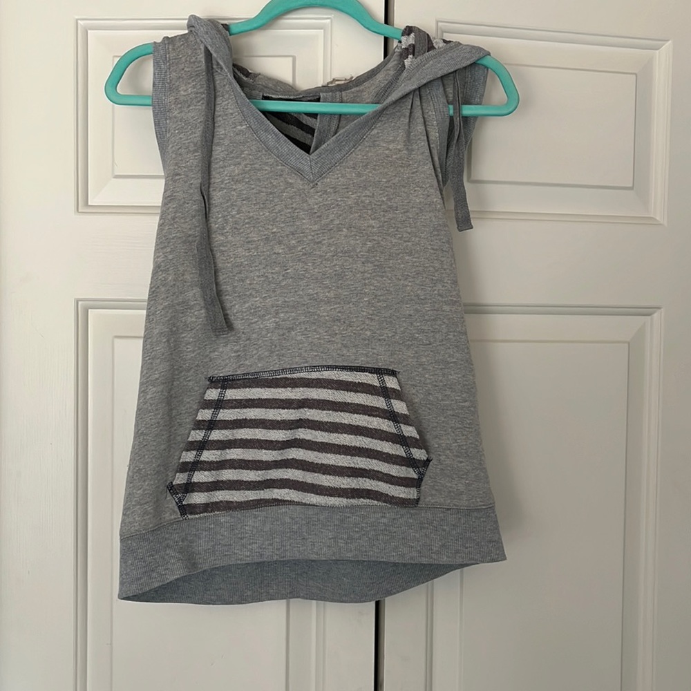 Gray stripped sleeveless terry cloth hoodie. Size medium
